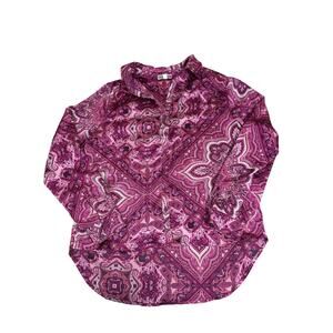 Pleione Women’s Top Blouse Button Down Long Sleeve Paisley Pink M